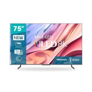 Brand: Hisense Model: 75U80H Series: U8 Screen Size: 75 Inches TV Type: Smart TV Display Technology: ULED Mini-LED Resolution: 8K Ultra HD – 7680 × 4320 Refresh Rate: 165Hz Backlight: Mini-LED Local Dimming: Full Array Local Dimming Quantum Dot Colour: Yes HDR: HDR10, HDR10+, HLG Dolby Vision: Yes Picture Processing: AI Picture Processing Gaming Mode: Yes VRR: Yes ALLM: Yes Motion Enhancement: MEMC Smart Operating System: VIDAA Voice Control: Yes Audio: Dolby Atmos DTS Virtual:X: Yes HDMI: Yes USB: Yes Wi-Fi: Yes Bluetooth: Yes Ethernet/LAN: Yes Screen Mirroring: Yes Viewing Angle: Up to 178° Design: Slim Frameless Wall Mount: Supported